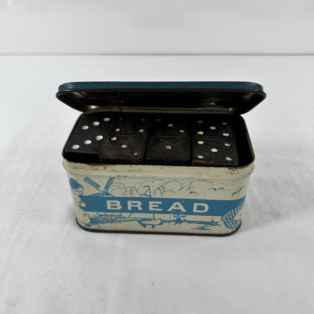 Vintage 1960s Halsam Crown Embossed Dominoes Set Black in Tin Box 24pc Game